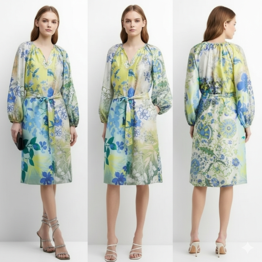 Nwt Kobi Halperin Arbor Blouson-Sleeve Floralmidi Dress Satin Silk Look White